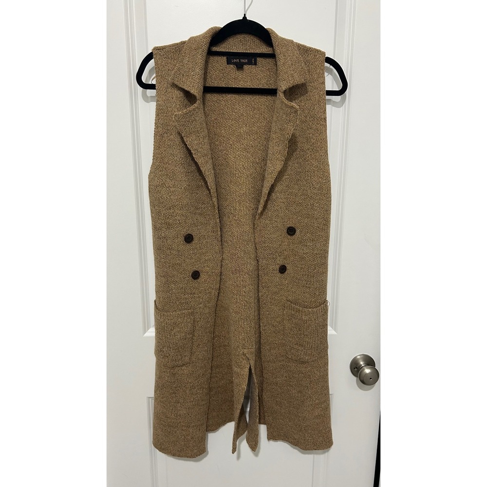 Love Tree Womens Longline Knit Vest Heathered‎ Tan Double Breasted Size Large